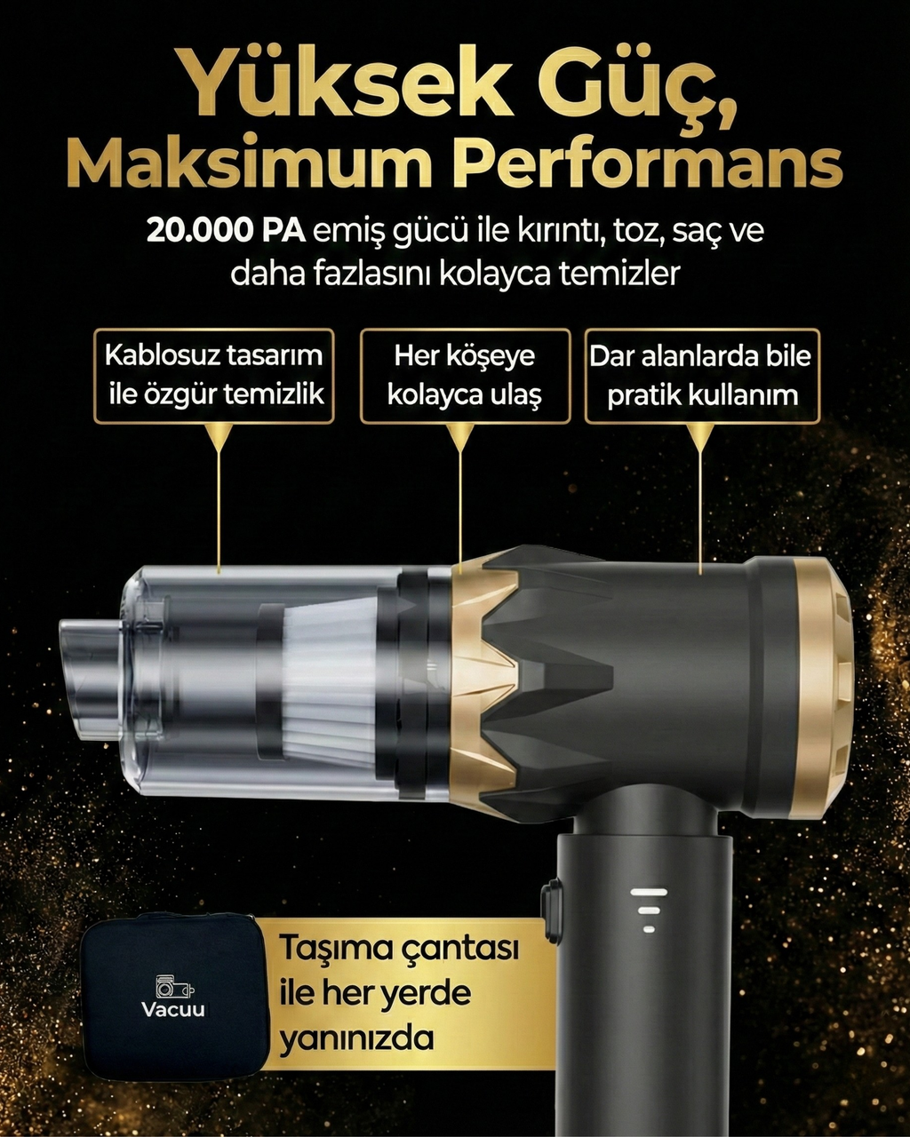 Vacuu 20000Pa Ultra Güçlü Vakumlu Kablosuz Üflemeli Araç Süpürgesi