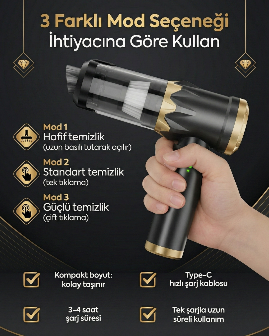 Vacuu 20000Pa Ultra Güçlü Vakumlu Kablosuz Üflemeli Araç Süpürgesi