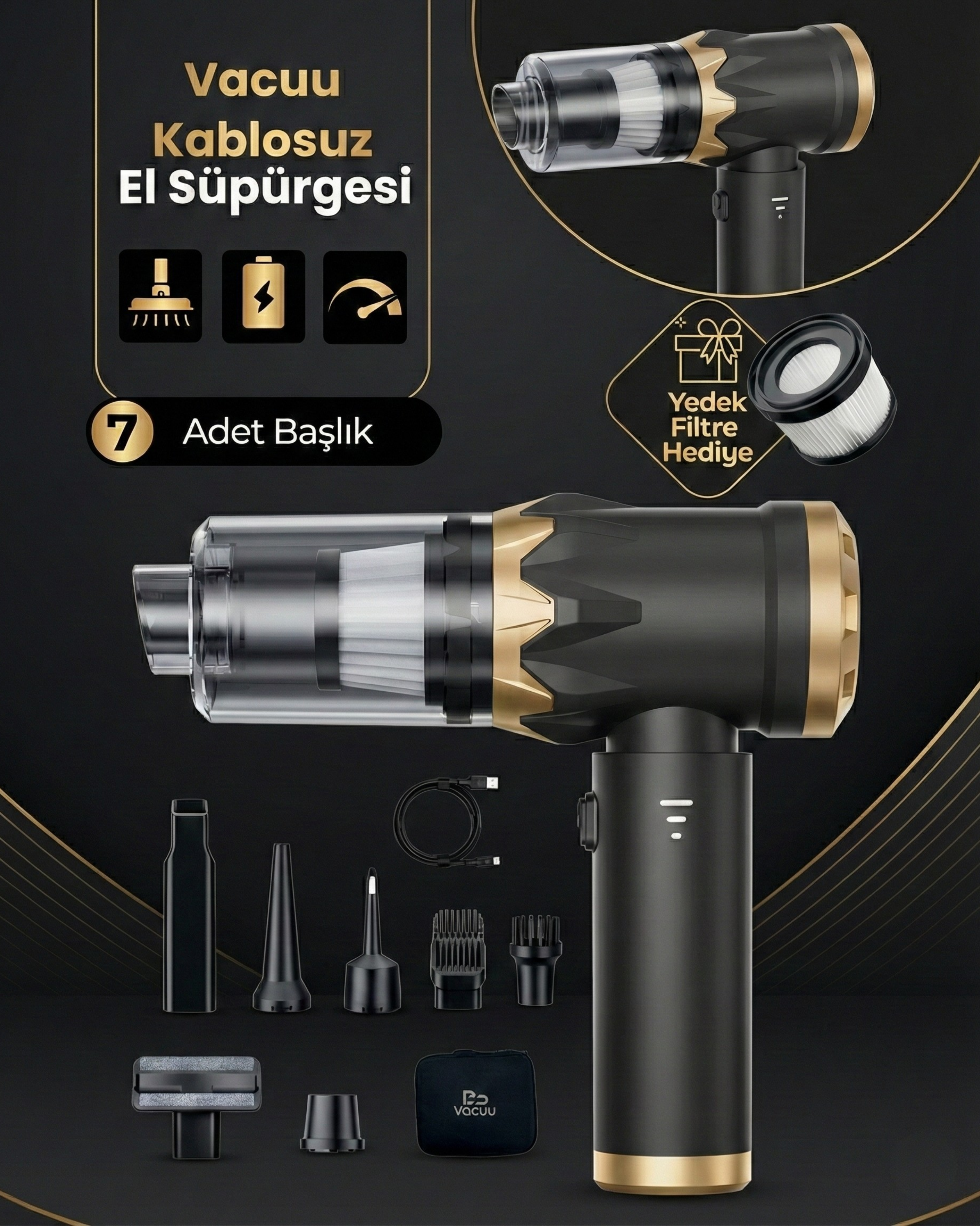 Vacuu 20000Pa Ultra Güçlü Vakumlu Kablosuz Üflemeli Araç Süpürgesi